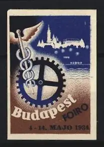 Reklamemarke Budapest, Foiro 1934, Zahnrad und Caduceus-Symbol