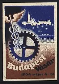 Reklamemarke Budapest, Vásár 1934, Zahnrad und Caduceus