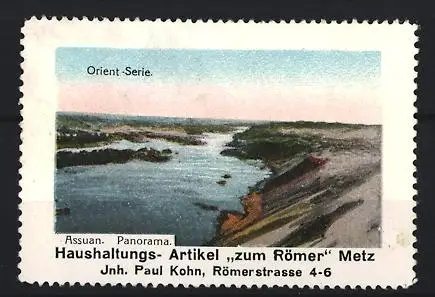 Reklamemarke Assuan, Panorama, Haushaltungs-Artikel zum Römer in Metz