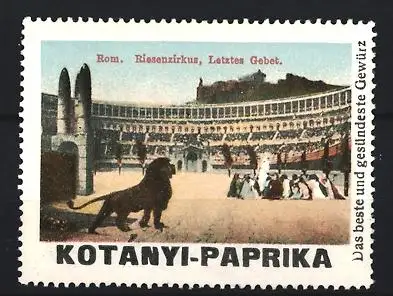 Reklamemarke Rom, Riesenzirkus, Löwe im Kolosseum, Kotanyi-Paprika
