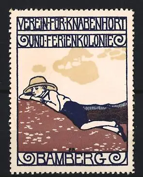 Reklamemarke Bamberg, Verein für Knabenhort und Ferienkolonie, Junge mit Strohhut