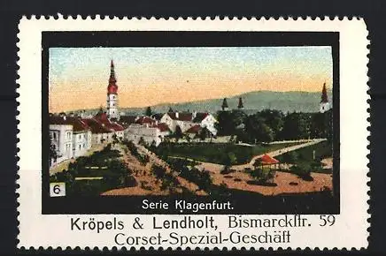 Reklamemarke Klagenfurt, Ortsansicht mit Kirchturm, Kröpels & Lendholt Corset-Spezialgeschäft