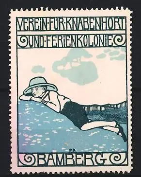 Reklamemarke Bamberg, Verein für Knabenhort und Ferienkolonie, Junge am Wasser