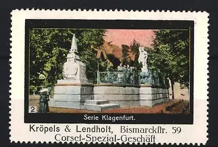 Reklamemarke Klagenfurt, Corset-Geschäft Kröpels & Lendholt, Denkmal im Park