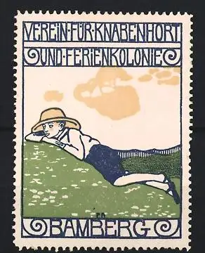 Reklamemarke Bamberg, Verein für Knabenhort und Ferienkolonie, Junge auf Wiese