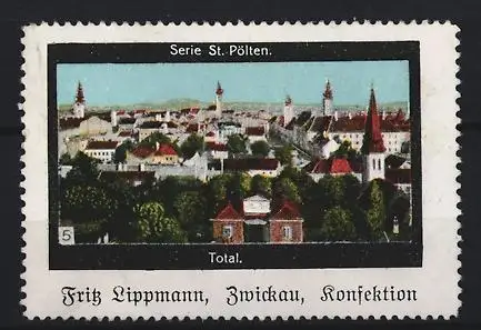 Reklamemarke St. Pölten, Fritz Lippmann Konfektion, Ortsansicht