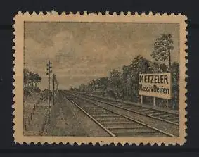 Reklamemarke Metzeler Massiv-Reifen, Eisenbahnschienen und Werbeschild