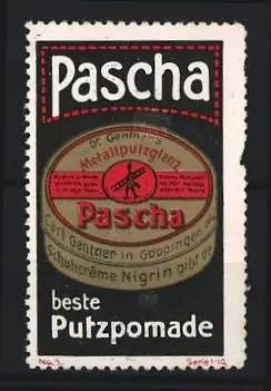 Reklamemarke Göppingen, Pascha beste Putzpomade, Metallputzglanz-Dose