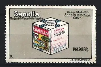 Reklamemarke Cleve, Sanella Mandelmilch-Pflanzenbutter, Verpackung mit Palmenmotiv