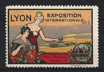 Reklamemarke Lyon, Exposition Internationale 1914, Schiff und Stadtwappen