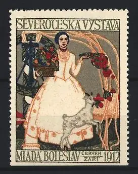 Reklamemarke Mlada Boleslav, Severoceska Vystava 1912, Frau mit Blumen und Ziege