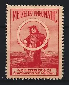 Reklamemarke München, Metzeler Pneumatic, Münchner Kindl mit Reifen