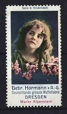 Reklamemarke Dresden, Waffelfabrik Gebr. Hörmann A.-G., Kinderkopf mit Blumen