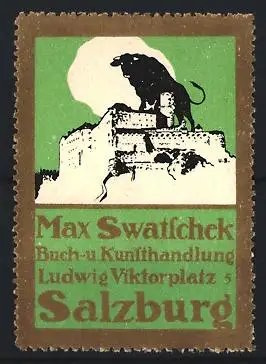 Reklamemarke Salzburg, Max Swatschek, Buch-u Kunsthandlung, Festung und Stier