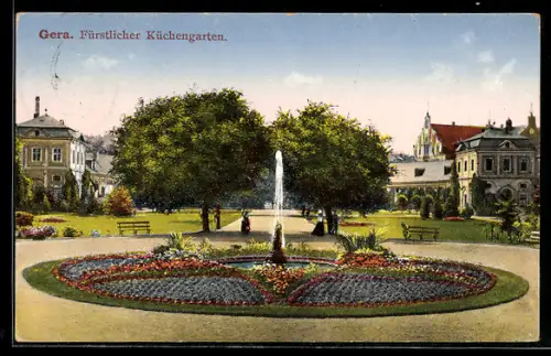AK Gera, Fürstlicher Küchengarten, Springbrunnen, Blumenbeete