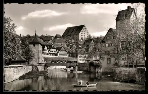 AK Schwäbisch Hall, Partie am Kocher, Fachwerkhäuser, Brücke