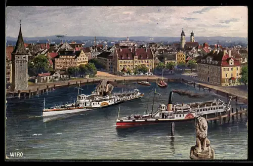 Künstler-AK Lindau i. B., Hafen, Mangturm, Dampfschiffe