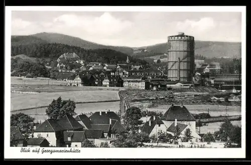 AK Georgsmarienhütte, Ortsansicht mit Gasometer und Werksanlagen