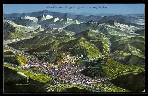 Künstler-AK Eisenach, Ortsansicht aus der Vogelschau mit Wartburg, Bismarck-Turm, Marienhöhe