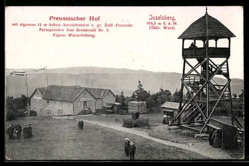 AK Inselsberg /Thür. Wald, Gasthof Preussischer Hof, Aussichtsturm m. Fernrohr