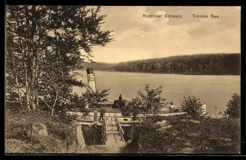 AK Rottstiel, Tornow See, Ruppiner Schweiz, Dampferanleger mit Dampfer, Seeufer, Wald