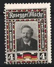 Reklamemarke Rosegger, 2000 Kronen gleich zwei Millionen, Porträt eines Mannes und Flagge