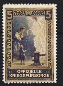 Reklamemarke Offizielle Kriegsfürsorge, Mutter mit Kind am Herd