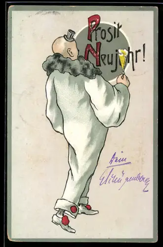 Lithographie Neujahresgruss, Harlekin mit Sektglas