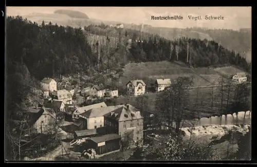 AK Rentzschmühle /Vogtl. Schweiz, Ortsansicht mit Mühle und Fluss
