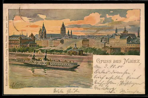 Künstler-AK Mainz, Ortsansicht mit Dom und Dampfschiff auf dem Rhein
