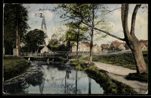 AK Rheine i. W., St. Antonius-Basilika, Brücke, Flussufer