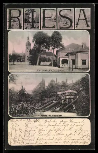 AK Riesa, Klosterkirche, Turnhalle, Partie im Stadtpark