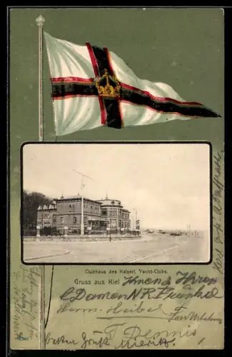 Grusskarten-AK Kiel, Clubhaus des Kaiserlichen Yacht-Clubs, Fahne