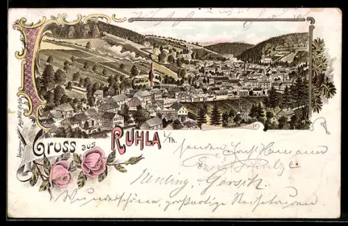 Lithographie Ruhla /Th., Ortsansicht mit Umgebung aus der Vogelschau