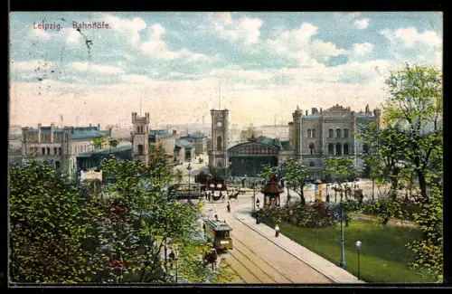 AK Leipzig, Strassenbahn vor den Bahnhöfen