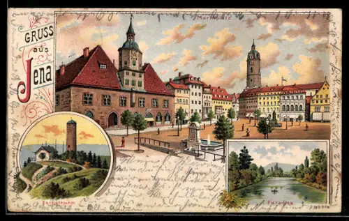 Lithographie Jena, Marktplatz, Paradies, Fuchsturm