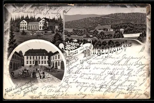 Lithographie Wilhelmsthal, Ortsansicht von oben, Hotel und Restaurant zum Auerhahn, Schloss