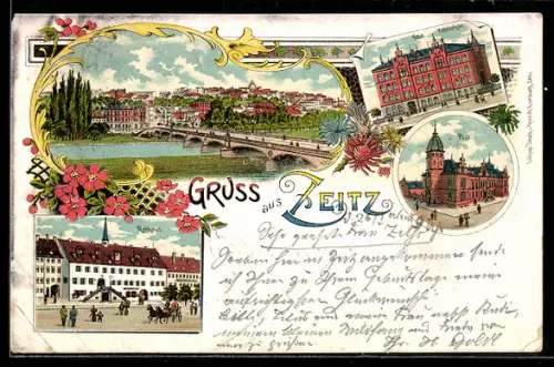 Lithographie Zeitz, Neue Mittelschule, Rathaus, Post