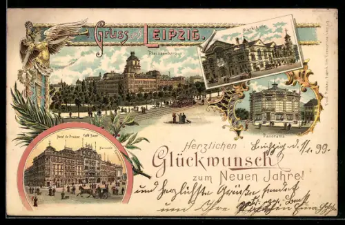 Lithographie Leipzig, Markthalle, Panorama, Hotel de Prusse mit Café Bauer & Harmonie