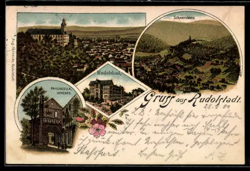 Lithographie Rudolstadt, Teilansicht aus der Vogelschau, Ortsansicht mit Schwarzburg und Umgebung