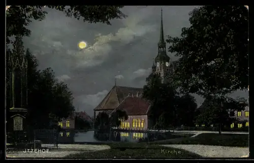 AK Itzehoe, Kirche und Denkmal bei Mondschein