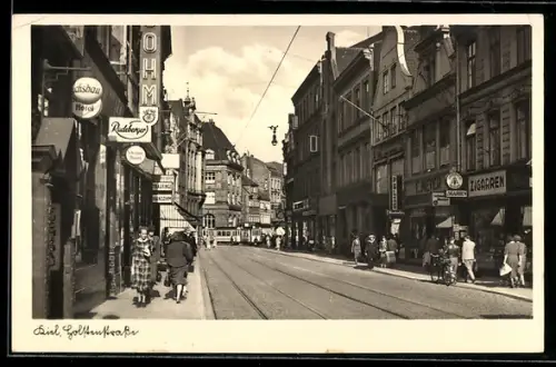 AK Kiel, Holstenstrasse mit Geschäften und Strassenbahn
