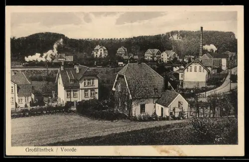 AK Grossflintbek / Voorde, Teilansicht der Ortschaft mit Fabrik und Eisenbahn
