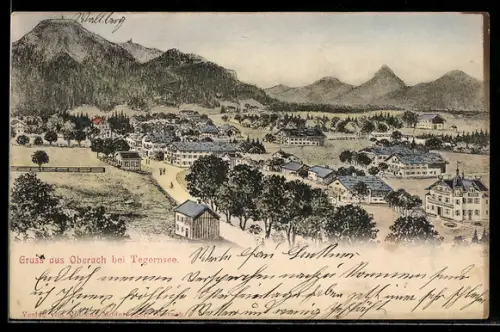 Lithographie Oberach bei Tegernsee, Teilansicht mit Strassenpartie