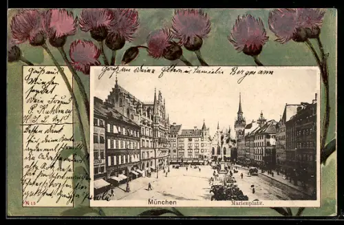 AK München, Marienplatz mit Geschäften und Denkmal