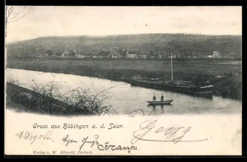 AK Bübingen a. d. Saar, Uferpartie mit Boot