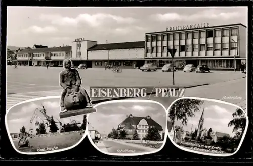 AK Eisenberg /Pfalz, Katholische Kirche, Schulhaus, Freiheitsplatz mit evangelischer Kirche und Ehrenmal 1870-71