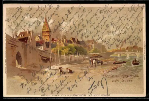 Lithographie Ulm a. d. Donau, Teilansicht mit dem Metzgerturm