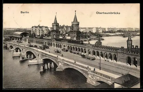 AK Berlin-Friedrichshain, Oberbaumbrücke mit Hochbahn