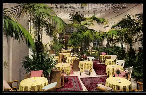 AK Wiesbaden, Wintergarten im Palast-Hotel Kochbrunnenbadhaus